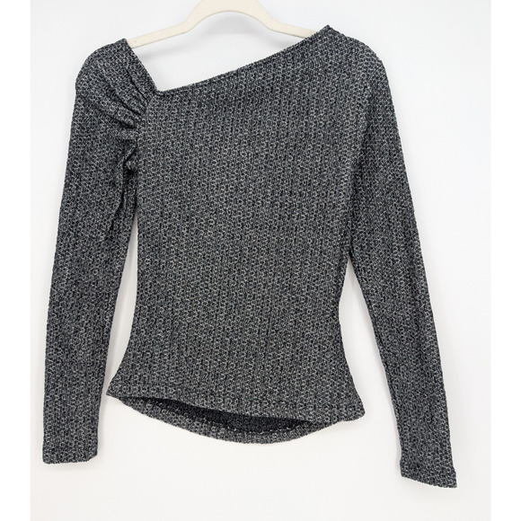 Zara Black White Textured Asymmetric Knit Top Ruched Off Shoulder Minimalist MD - Picture 6 of 8